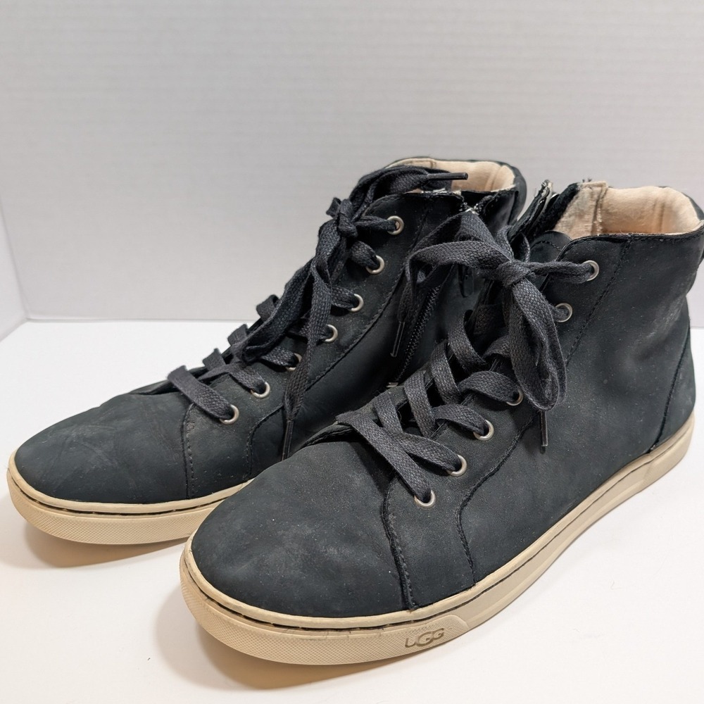 UGG Gracie Sneakers Black Leather High Top Side Zip Lace Up Womens 10 Accessible